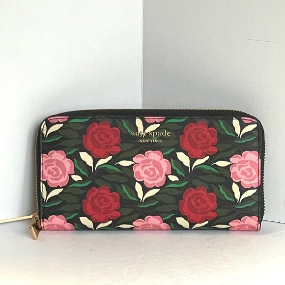 Kate Spade Morgan Large Floral Wallet Womens Black Pink Roses Continental Zip - Picture 9 of 9